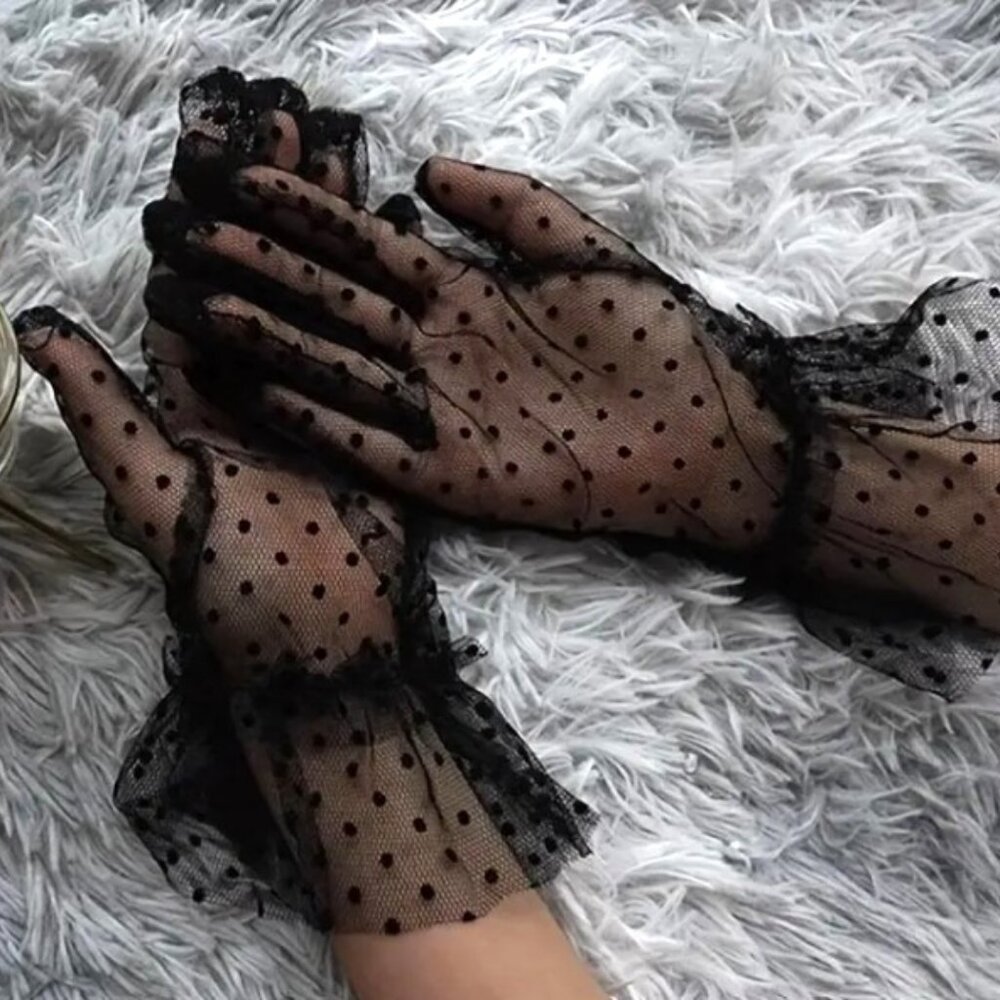 Polka Dot Transparent Gloves Mesh - Black/Black Dots